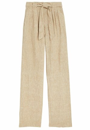 Pantalones de lino anchos de cintura alta en color beige, con pliegues y un cinturón de la misma tela atado a la cintura.