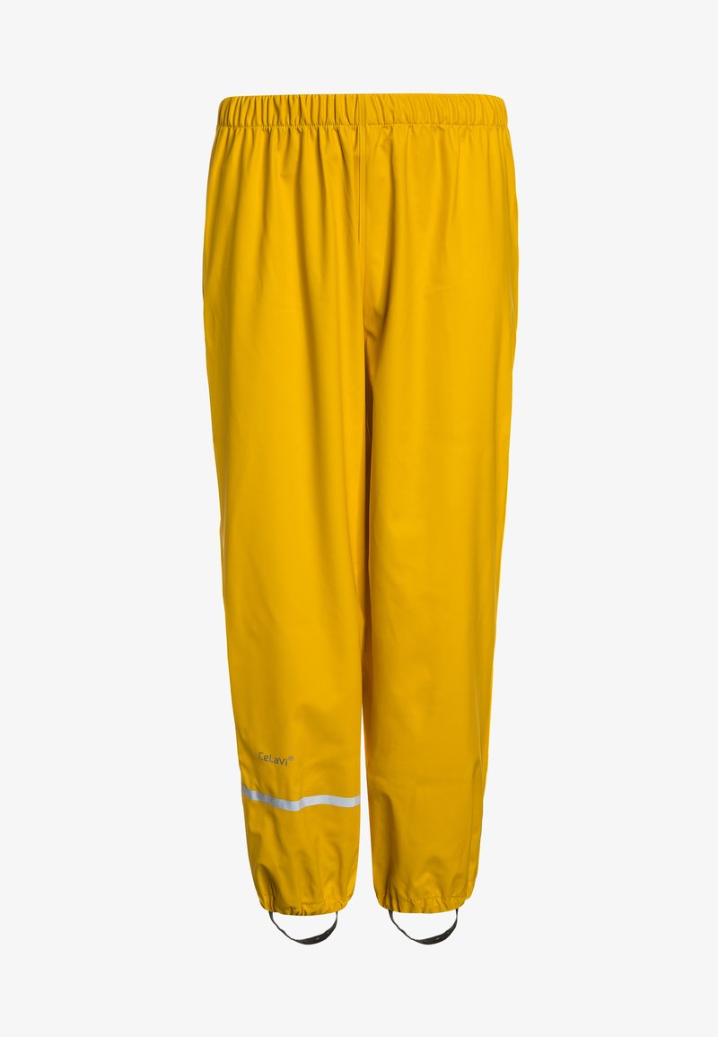 Waterdichte gele regenbroeken met elastische tailleband, reflecterende strip en verstelbare enkelsluitingen voor een veilige pasvorm. Gladde textuur, rechte snit.