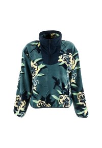 Sudadera de forro polar en verde con patrón floral; presenta un cuello azul marino y cremallera; corte relajado con mangas largas y textura suave.