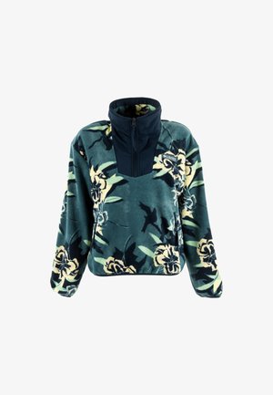Pullover in felpa verde con motivo floreale; presenta un colletto blu navy e zip; vestibilità rilassata con maniche lunghe e texture morbida.