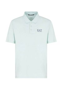 Polo de color verde menta claro hecho de algodón, con un cuello clásico, tres botones y un logotipo bordado de EA7 en azul marino oscuro.