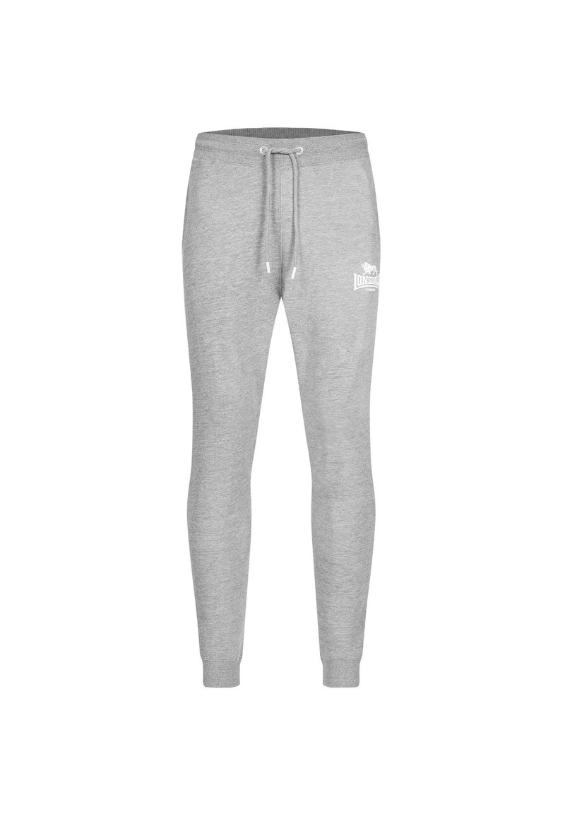Sive jogger hlače od mekog materijala, sa strukom na vezanje, rebrastim manžetama i bijelim logotipom na lijevom bedru.