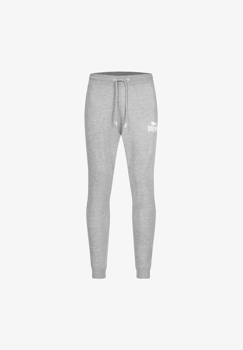 Sive jogger hlače iz mehkega materiala, z elastičnim pasom s šnurotami, rebrastimi manšeti in belim logotipom na levem stegnu.