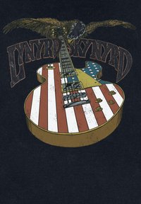 Grafica di una chitarra con un design rosso, bianco e blu che ricorda la bandiera americana, sopra la quale c'è un'aquila stilizzata. Il testo dice "LYNYRD SKYNYRD."