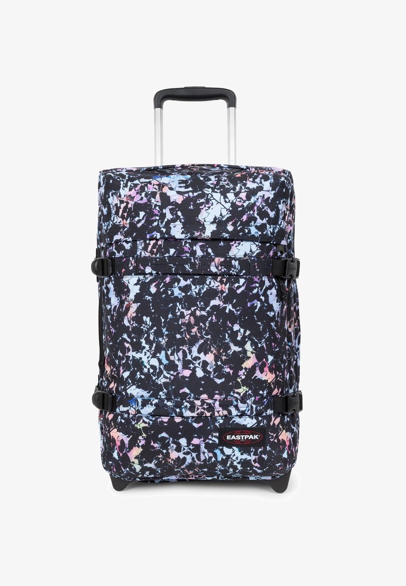 Valigia a rotelle con tessuto nero caratterizzato da un motivo astratto colorato. Include un manico retrattile e cinghie regolabili per la sicurezza.