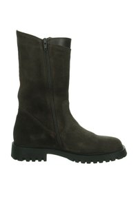 Dunkelbraune Wildleder-Ankelboots mit einem seitlichen Reißverschluss, rutschfester Gummisohle und kontrastierendem Lederakzent am Schaft. Glatte Textur und schlankes Design.