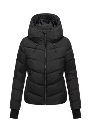 Giacca a vento nera con cappuccio, design trapuntato, chiusura con zip e polsini elasticizzati. Texture liscia con cordini per una vestibilità regolabile.