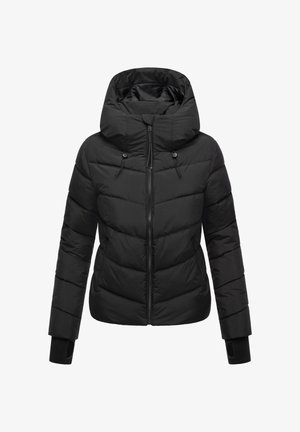 Svart pufferjakke med hette, quiltet design, glidelås og elastiske mansjetter. Glatt tekstur med snor for justerbar passform.