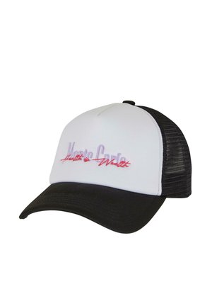 Trucker cap with a white front panel and black mesh back. Features embroidered text in purple and red. Curved black brim.