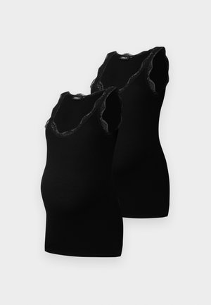 Schwarze Maternity-Tanktops mit einem Rundhalsausschnitt und Spitzenbesatz, aus weichem, dehnbarem Material, entworfen für Komfort und Passform.
