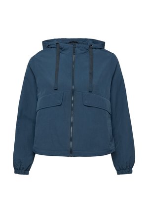 Blauwe capuchonjas met voorrits, twee klepzakken, elastische manchetten en een capuchon met trekkoord tegen een witte achtergrond.