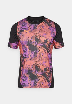 Short-sleeve athletic shirt featuring a vibrant orange, purple, and black abstract pattern with black sleeves and crew neck design.