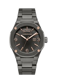 Orologio Cerruti 1881 con quadrante nero texturizzato, dettagli in oro rosa, cassa ottagonale in acciaio inossidabile e bracciale in metallo a maglie. Finestra della data alle 3.