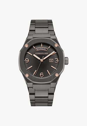 Zegarek Cerruti 1881 z czarną teksturowaną tarczą, różowozłotymi akcentami, ośmiokątną stalową kopertą i połączonym metalowym paskiem. Okno daty na godzinie 3.