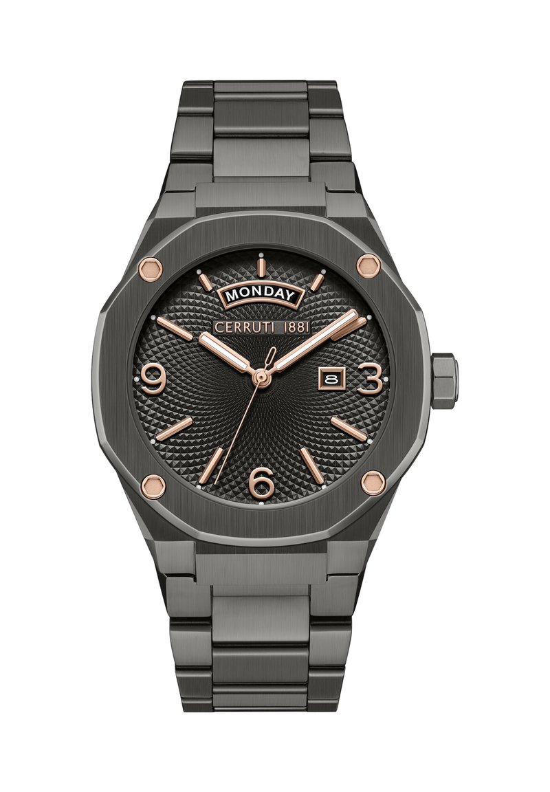 Orologio Cerruti 1881 con quadrante nero texturizzato, dettagli in oro rosa, cassa ottagonale in acciaio inossidabile e bracciale in metallo a maglie. Finestra della data alle 3.