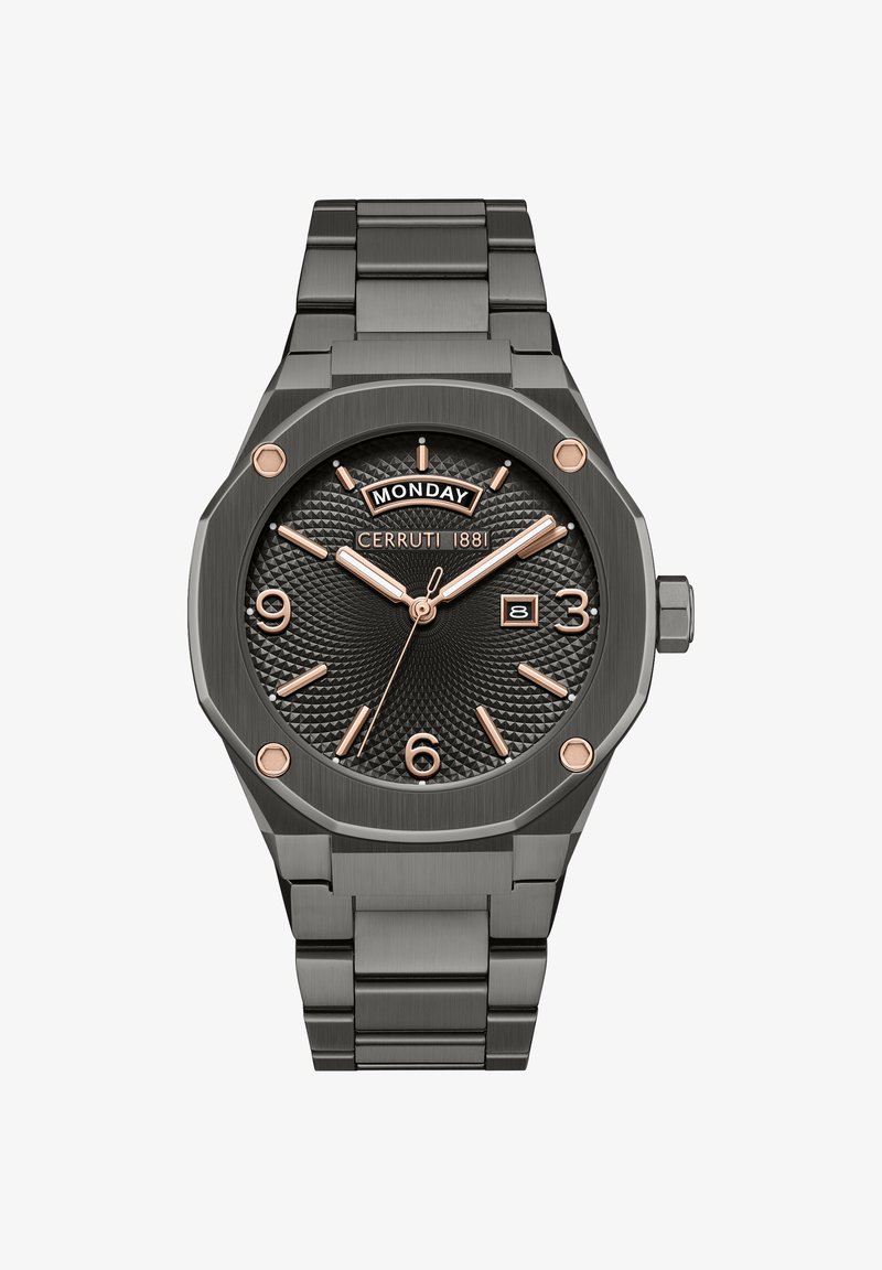 Orologio Cerruti 1881 con quadrante nero texturizzato, dettagli in oro rosa, cassa ottagonale in acciaio inossidabile e bracciale in metallo a maglie. Finestra della data alle 3.