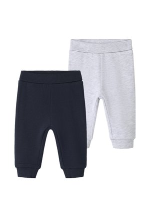 Deux pantalons pour bébé, un noir et un gris clair, tous deux avec des taille et poignets élastiques, présentés sur un fond blanc.