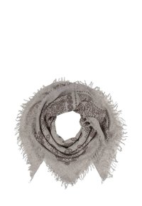 Eșarfă gri deschis cu un model paisley, margini franjurate și un material moale, texturat, având o formă triangulară.