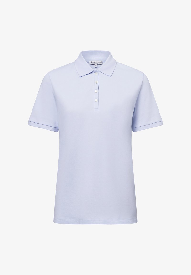 Lichtblauw polo shirt van zacht stof, met een kraaglijn, korte mouwen en een knoopsluiting met vijf knopen.