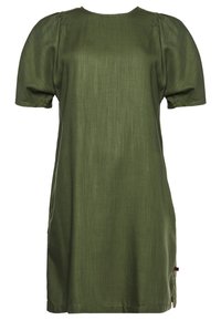 Olivengrünes Kleid aus glattem Stoff, mit kurzen Puffärmelchen, einem runden Ausschnitt und einer lockeren Silhouette mit seitlichen Schlitzen.
