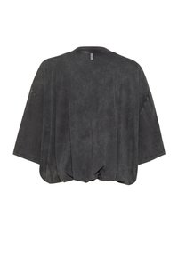 Grijs oversized blouse met korte mouwen, een afgeronde zoom en een losse pasvorm. Heeft een zachte textuur en subtiele plooien aan de achterkant.