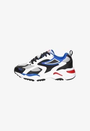 Sportlicher Sneaker in Weiß, Schwarz und Grau mit blauen und roten Akzenten, schwarzen Schnürsenkeln und einer gepolsterten Sohle mit Grip-Profil.