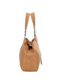 Tan leren handtas met een gestructureerde zijkant, bovenaan ritsluiting en twee stevige handvaten. Bevat lichtroze accenten en metalen hardware.