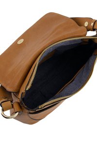 Brown leather crossbody bag with a smooth texture, a zippered interior, and gold hardware. Features a flap closure and adjustable strap.