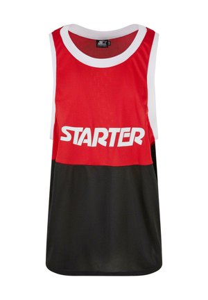 Czerwony i czarny siatkowy sportowy top na ramiączkach z białymi akcentami. Logo "STARTER" wyraźnie widoczne w bieli na klatce piersiowej. Oddychający materiał.