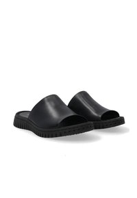Black leather slide sandals with an open toe design and textured rubber sole. Features a smooth upper and a ridged outsole for grip.
