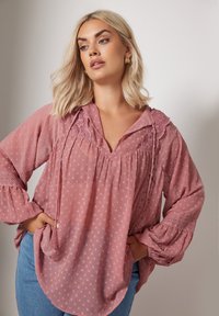 Blusa rosa con ricami floreali, tessuto leggero, vestibilità ampia e maniche a sbuffo lunghe. Presenta un profondo scollo a V e dettagli testurizzati.