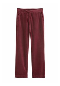 Burgundowe spodnie korkowe o prostym kroju, z bocznymi kieszeniami, gładk�ą fakturą i elastycznym pasem dla dodatkowego komfortu.