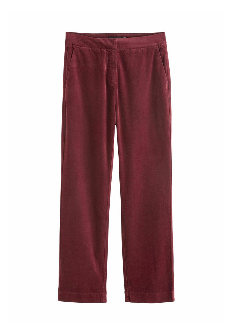 Burgundowe spodnie korkowe o prostym kroju, z bocznymi kieszeniami, gładką fakturą i elastycznym pasem dla dodatkowego komfortu.