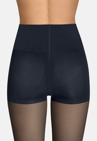 Hochgeschnittene Formshorts in Schwarz mit transparenter Beinabdeckung. Der Stoff ist glatt, hat eine gleichmäßige Textur und ein nahtloses Design.