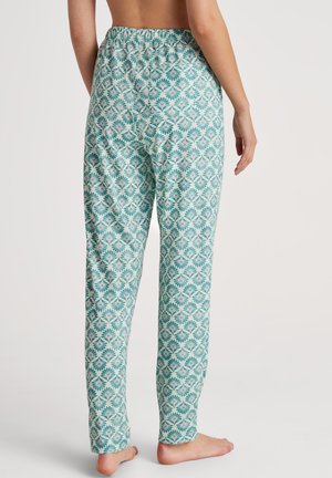Lichte katoenen pyjamabroek met een teal en wit bloemmotief, elastische tailleband en recht gesneden ontwerp. Zachte textuur.
