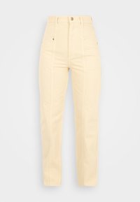 Högmidjade, raka byxor i ljusbeige bomull med två framfickor och knappar i guldton. Slät textur.