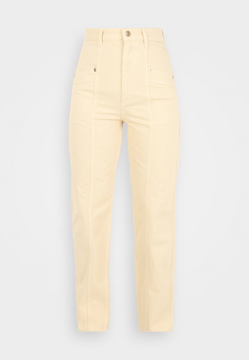 Högmidjade, raka byxor i ljusbeige bomull med två framfickor och knappar i guldton. Slät textur.