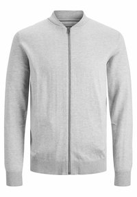 Ljusgrå, långärmad zip-up kofta med ribbade muddar, fåll och krage, visad mot en enkel vit bakgrund.