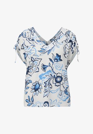Witte blouse met korte mouwen, voorzien van een blauw bloemenpatroon, V-hals en plooien op de schouders. Gemaakt van lichtgewicht stof.