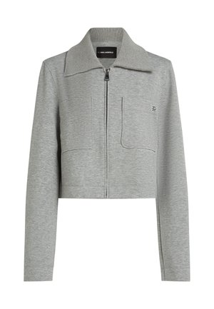 Gray cropped jacket made of soft fabric, featuring a large collar, zippered front, two front pockets, and a small logo on the chest.