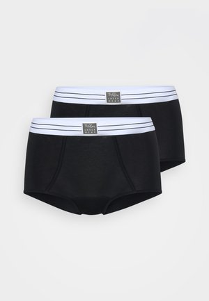 Boxers de algodão pretos, com riscas brancas horizontais na cintura e uma etiqueta da marca na parte da frente. Mostradas duas peças.