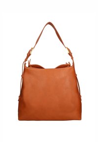 Tan leren handtas met een getextureerde afwerking, een enkele gebogen schouderriem, trekkoordzijden en een ruime, open ontwerp aan de bovenkant.