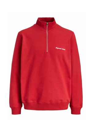 Red sweatshirt with a high collar, half-zip front, and ribbed cuffs. Features white embroidered text on the left chest. Made of soft fabric.