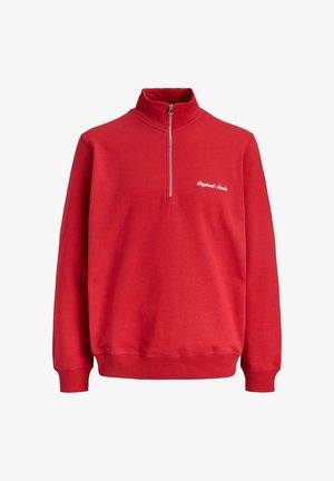 Red sweatshirt with a high collar, half-zip front, and ribbed cuffs. Features white embroidered text on the left chest. Made of soft fabric.