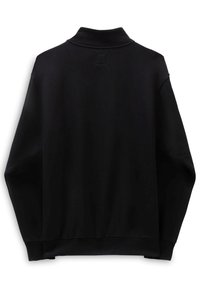 Black sweatshirt with a high collar, long sleeves, and ribbed hem. Soft texture with a square tag on the back. Simple, minimalist design.