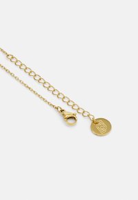 Gouden ketting met ovale schakels, een verenhaakslot en een ronde tag met een reliëflogo. Glad oppervlak en glanzende afwerking.