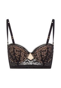 Bralette en dentelle noire avec des motifs floraux, soutien-gorge à armatures, bretelles ajustables avec accents en métal doré et bords festonnés.