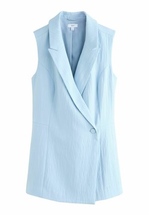 Lyseblå ærmeløs blazer med hakkede revers og enkelt knaplukning, tekstureret stof, skræddersyet pasform.