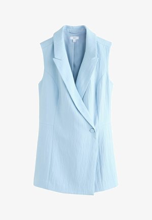 Hellblaues ärmelloses Blazer mit gekerbtem Revers und Einzelknopfverschluss, strukturierter Stoff, taillierte Passform.