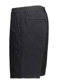 Black cotton shorts with a straight cut, featuring side pockets and a single back pocket. Clean lines and minimal stitching detail.